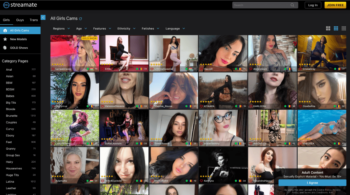 Скриншот сайта Streamate с каталогом моделей для статьи о ТОП вебкам-сайтов по посещаемости.