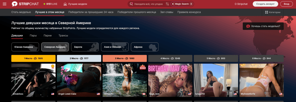 Скриншот сайта Stripchat с рейтингом моделей для статьи о самых посещаемых вебкам-сайтах.